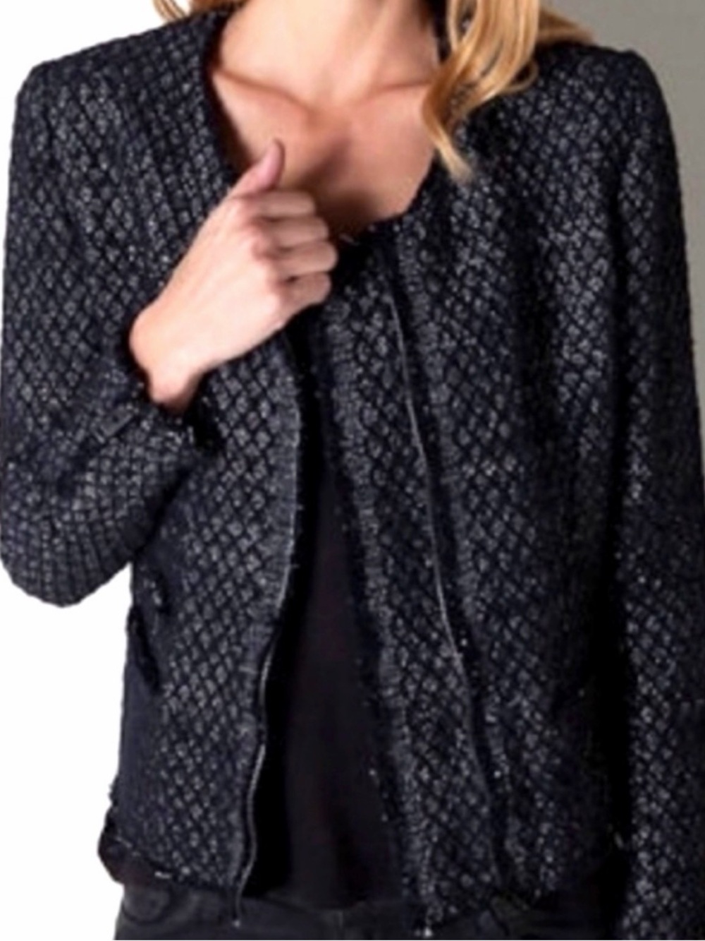 IRO Assela Lady Jacket Women's Small Boucle Cropped Metallic Frayed Zip Black